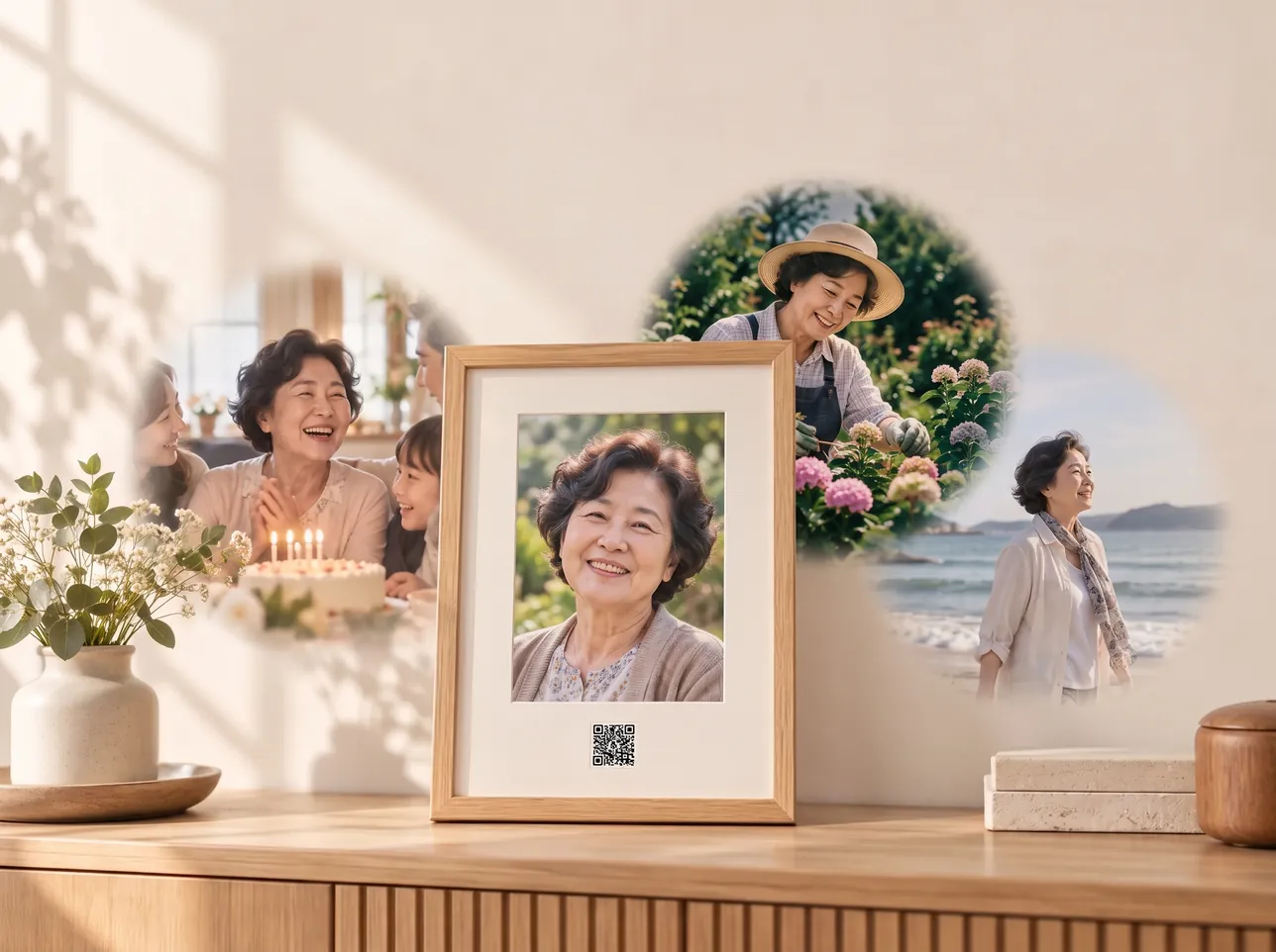 추모록 액자 주변으로 어머니의 생일, 정원 가꾸기, 바닷가에서의 추억이 펼쳐지는 연출 이미지