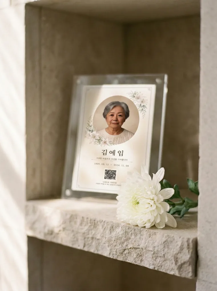 추모 액자 앞에 놓인 흰 국화 한 송이 — 누군가 다녀간 흔적
